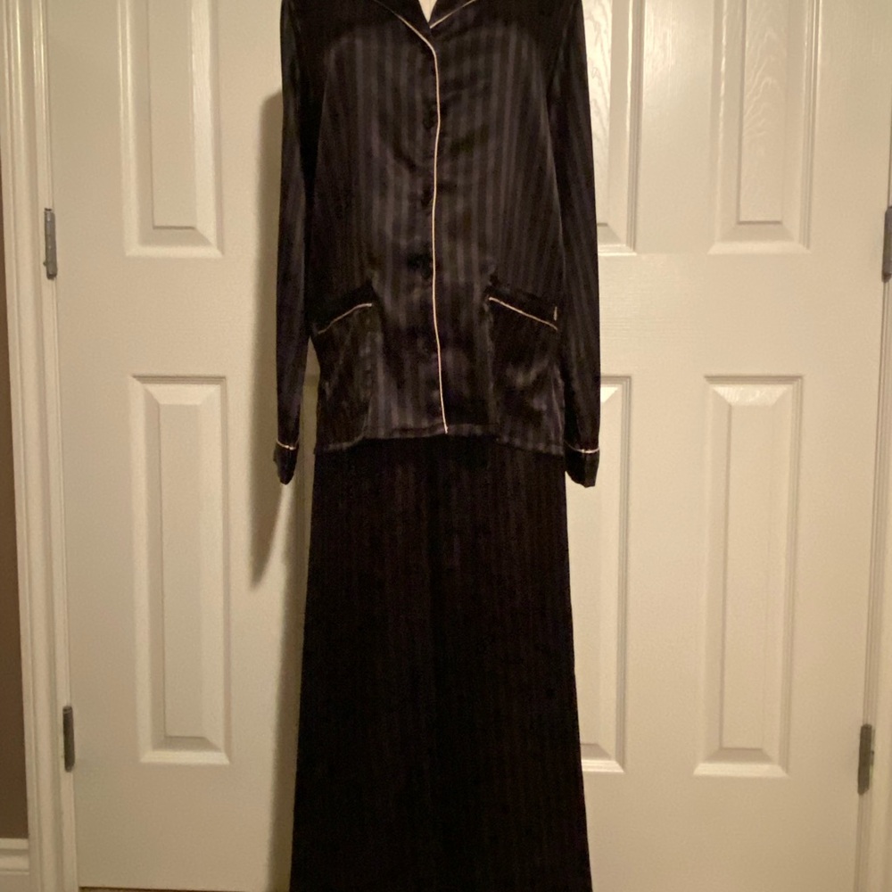 Victoria's Secret Black Satin Pajama Set with Pink Trim